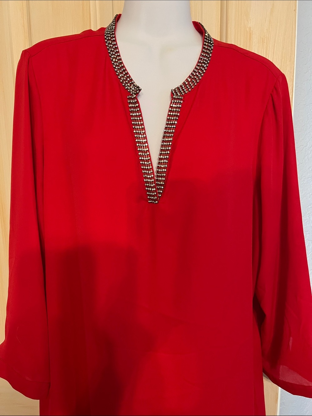 Women's Red Beaded V-Neck Tunic - Picture 12 of 15